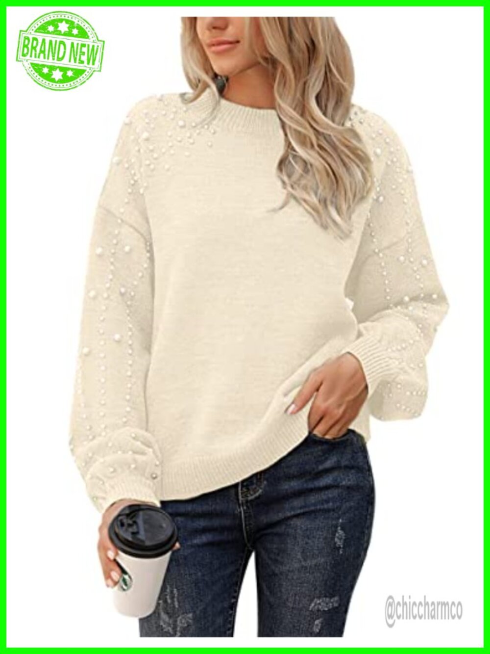 Chunky Knit Sweater Pullover Oversized Mock Neck Lantern Sleeve